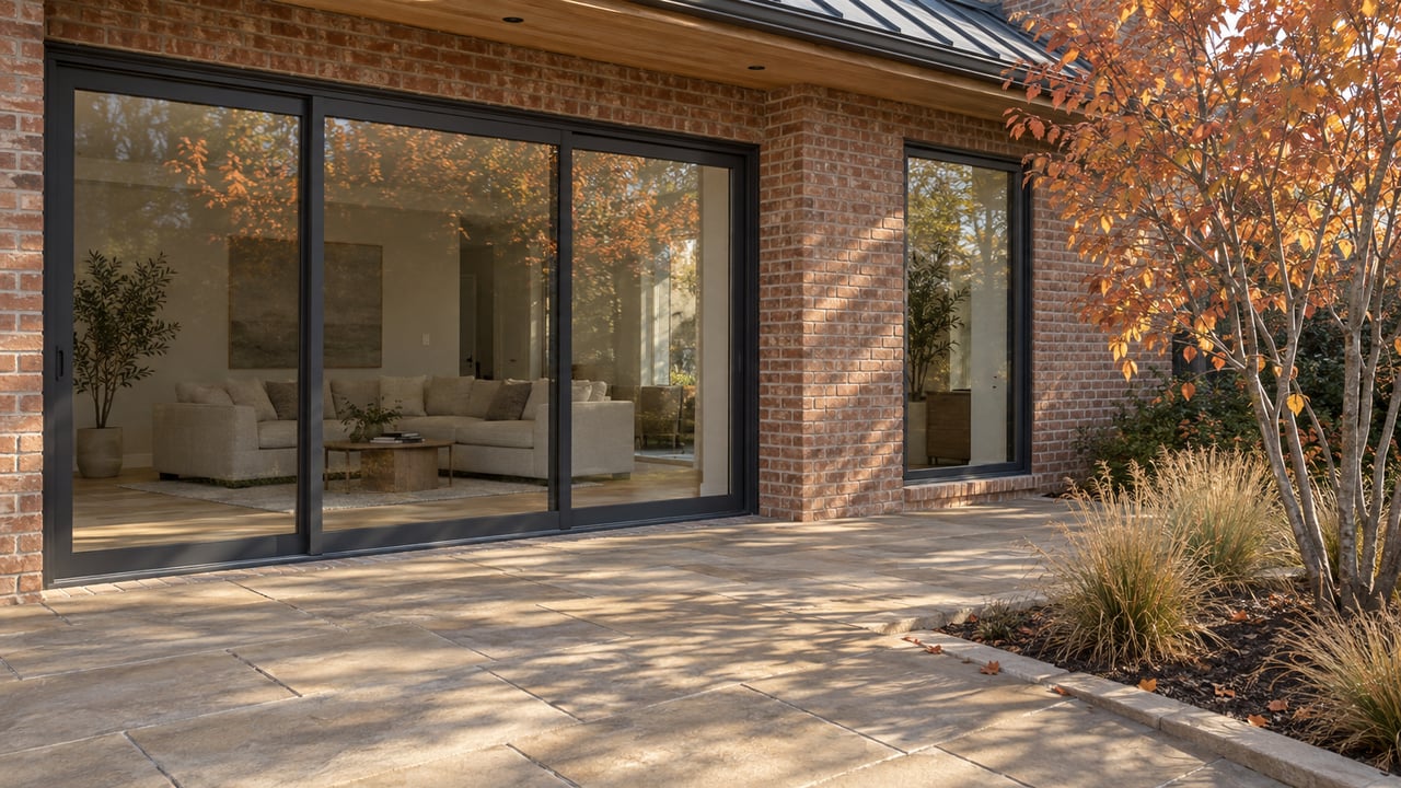 Warm brick home with closed glass doors, a sandstone terrace and copper-colored serviceberry leaves in afternoon light.