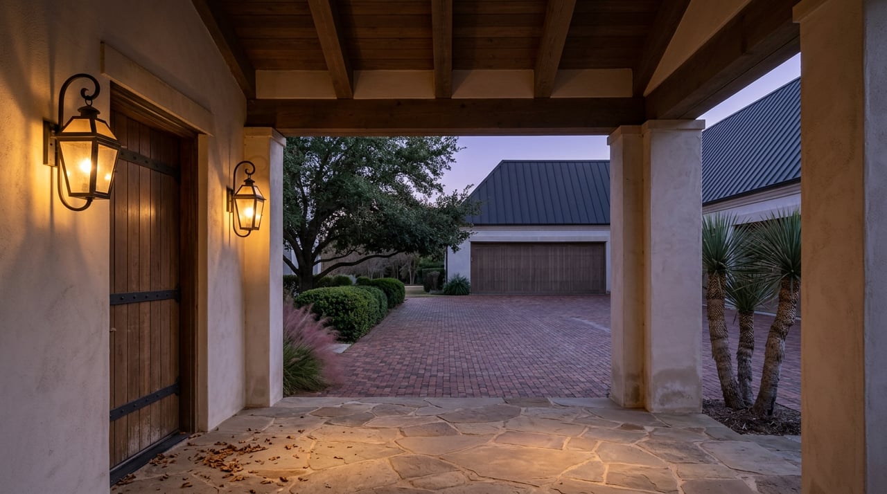 Flagstone portico with a plank entry door, glowing brass-and-iron sconces, and a motor court beneath a dark gabled roof.