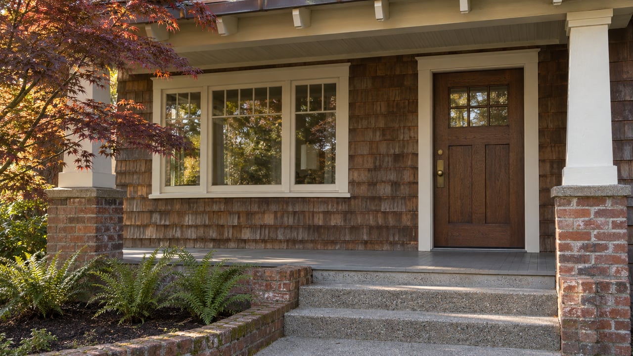 A shingled home's sheltered oak entry, divided-light window and worn concrete steps beside a Japanese maple and sword ferns.