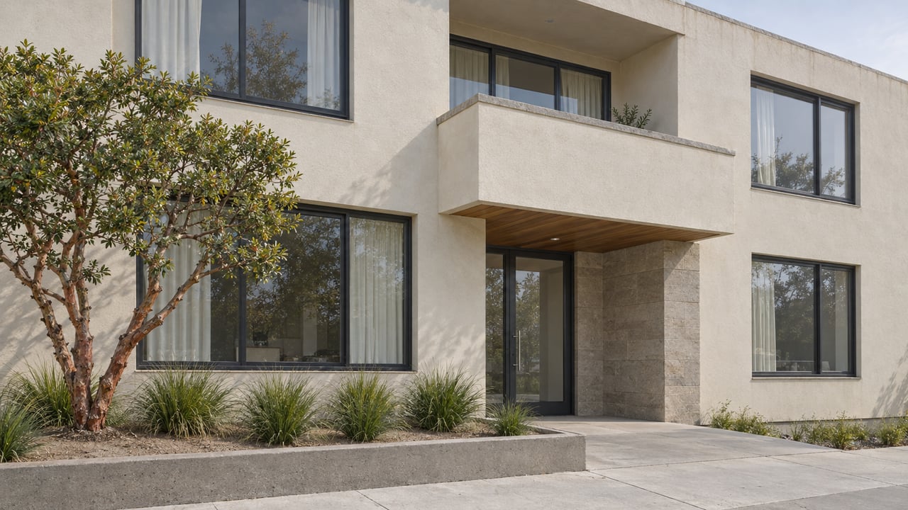 Ivory stucco condominium frontage with charcoal-framed windows, a recessed glass entrance, and a small planted setback.