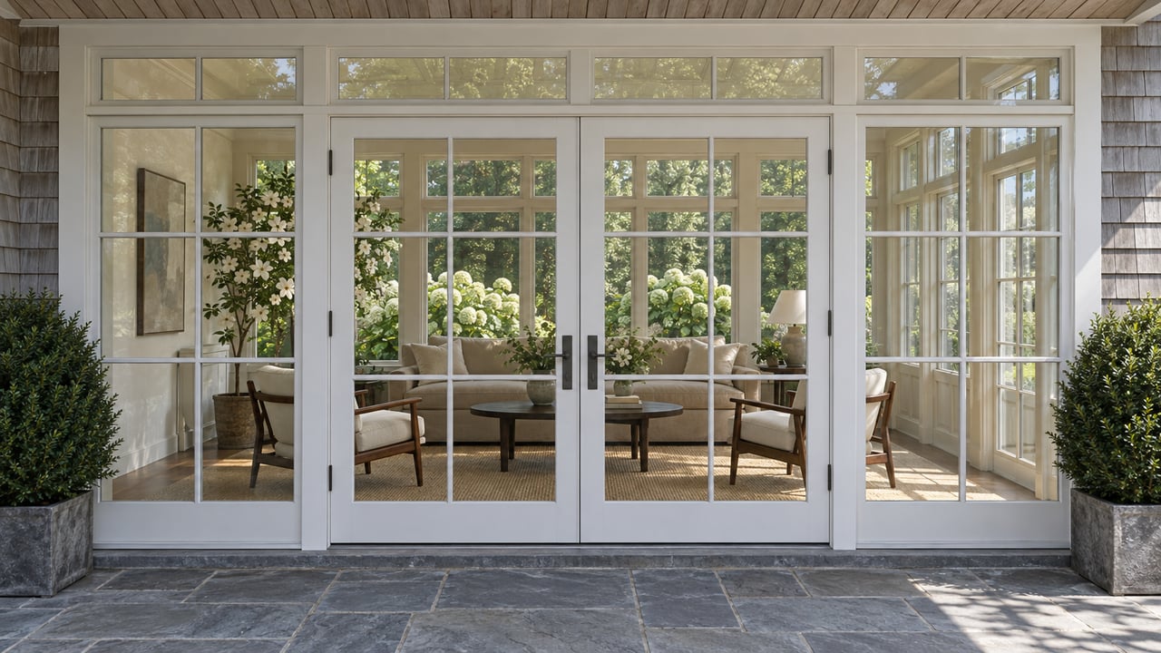 Sunroom behind divided-light glass doors, with oak floors, cream chairs, and a bluestone porch.