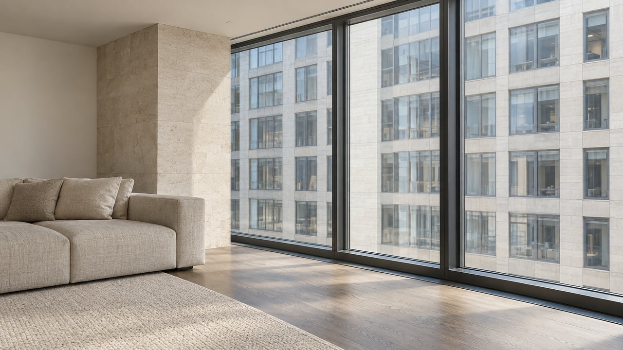 Condominium living room with an oatmeal sofa, limestone pier, smoked-oak floor, and neighboring building beyond glass walls.