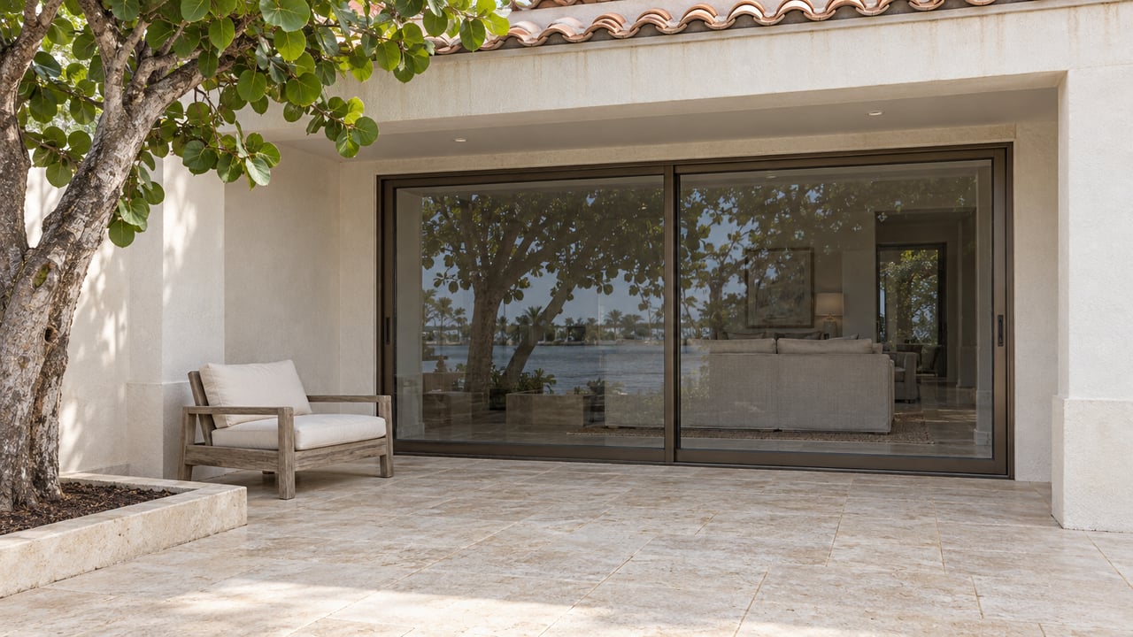 Sunlit limestone terrace beside a white stucco home, with bronze-framed glass doors, a teak lounge chair and a sea grape tree.