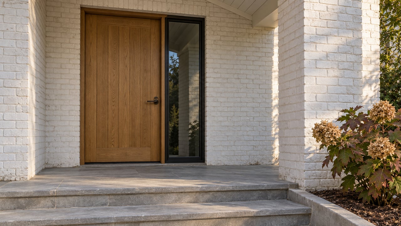 White-painted brick porch with a closed oak door, black-framed sidelight, gray limestone steps and oakleaf hydrangea.