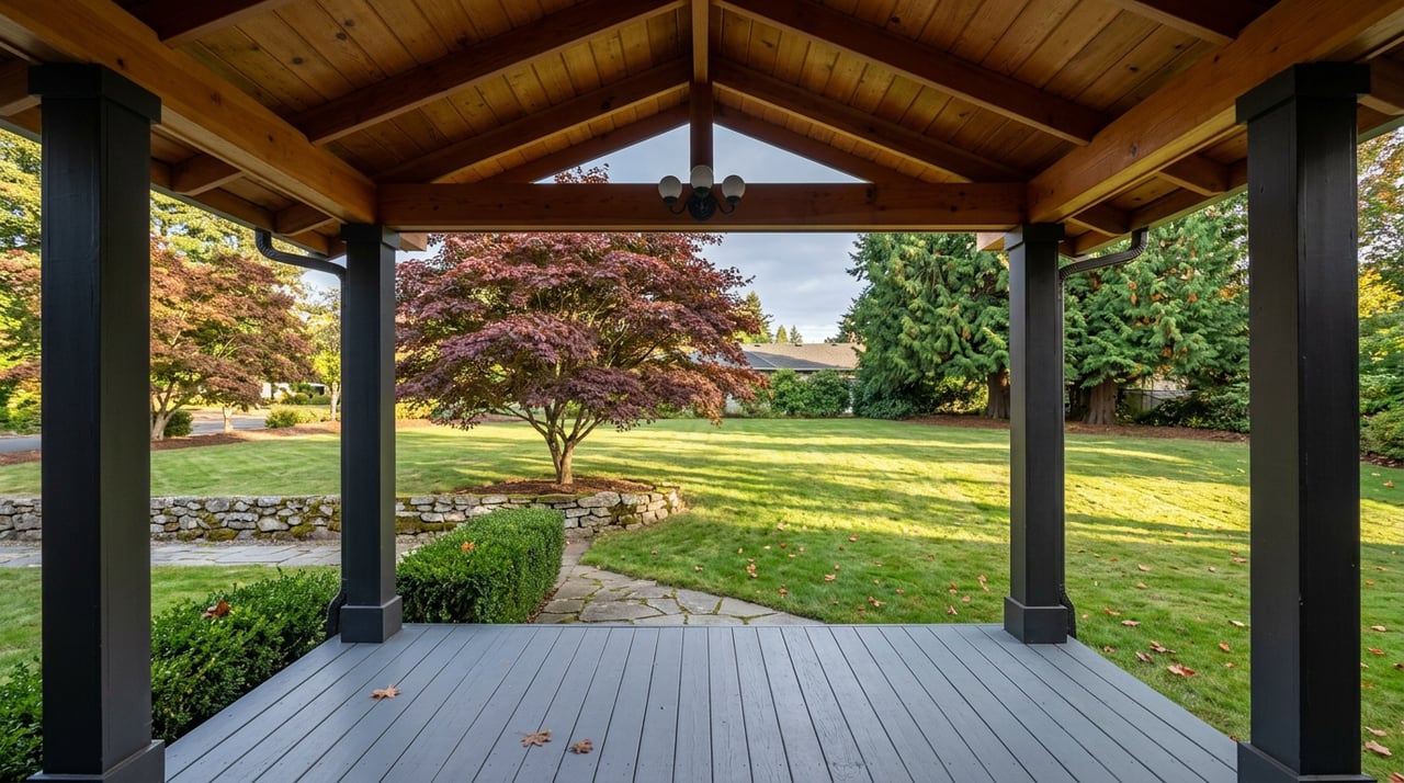 Covered porch frames a lawn, burgundy Japanese maple, and tall cedar beneath a warm late-afternoon sky.