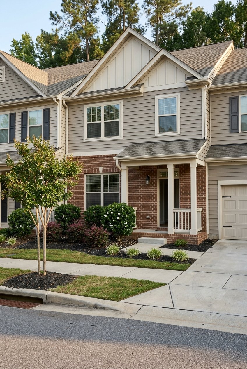 Townhome facade with a minimal front yard and a clean mix of exterior materials.