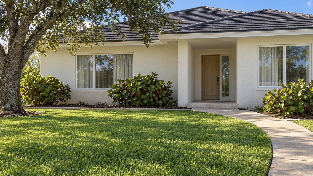 Cream single-story home with a dark tiled roof, broad front windows, mature live oak, and a curved walk across a deep front lawn.