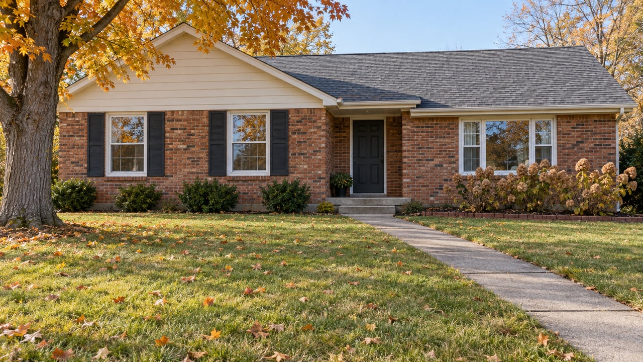 Autumn morning light on a brick and cream-sided home, with a deep front lawn, amber maple leaves and a concrete entry walk.