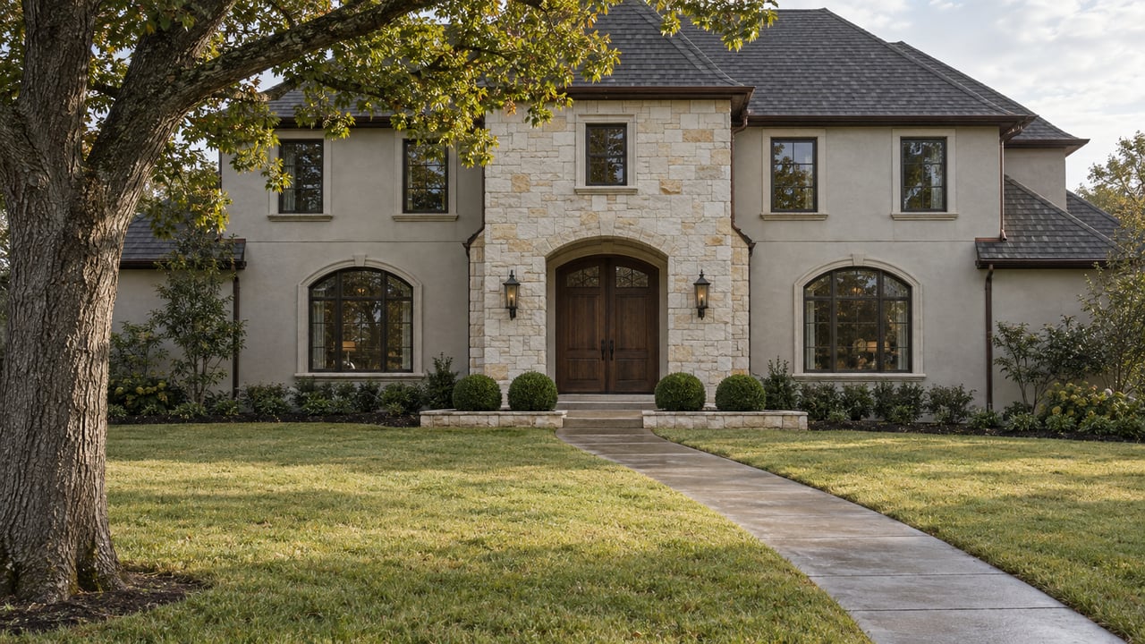 Rain-darkened concrete walk crosses a broad autumn lawn toward a stucco and limestone home beneath a mature oak.