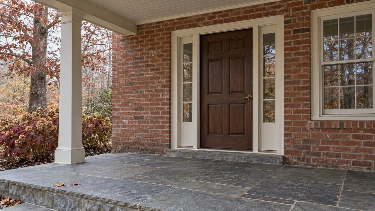 Covered brick entry with a walnut door, paired sidelights, bluestone paving and burgundy autumn foliage.