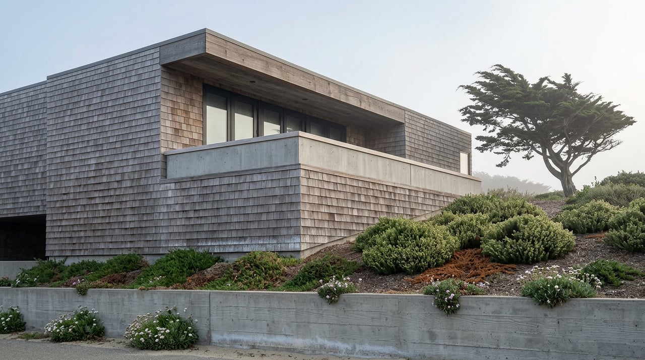Elevated coastal home with silvered cedar shingles above a concrete retaining wall, framed by wind-swept cypress in fog.