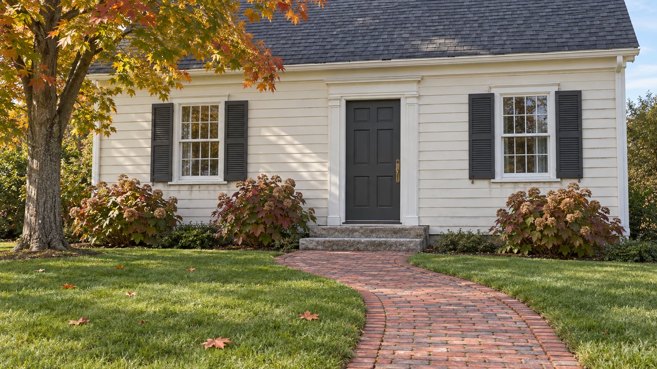 Ivory clapboard house with a charcoal front door, paired sash windows, brick entry walk and an autumn maple beside a deep lawn.