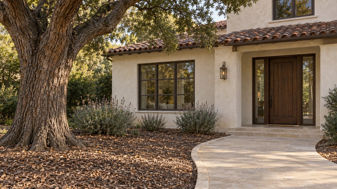 A mature oak beside a warm stucco home, with a limestone path curving clear of its exposed root flare.