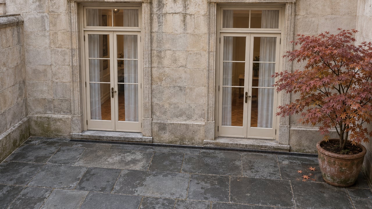 A limestone apartment courtyard with closed divided-light French doors, weathered bluestone paving and a copper-leaved Japanese maple in a terracotta container.