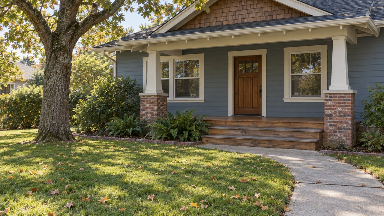 A blue-gray wood-sided home with a covered porch, brick foundation and concrete approach across an oak-shaded lawn.