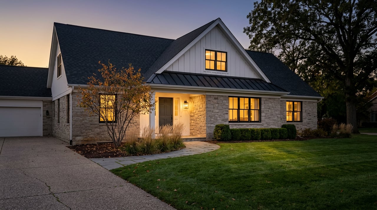 Suburban home with glowing windows, stone facade, gabled roof, and curved bluestone walkway at dusk.