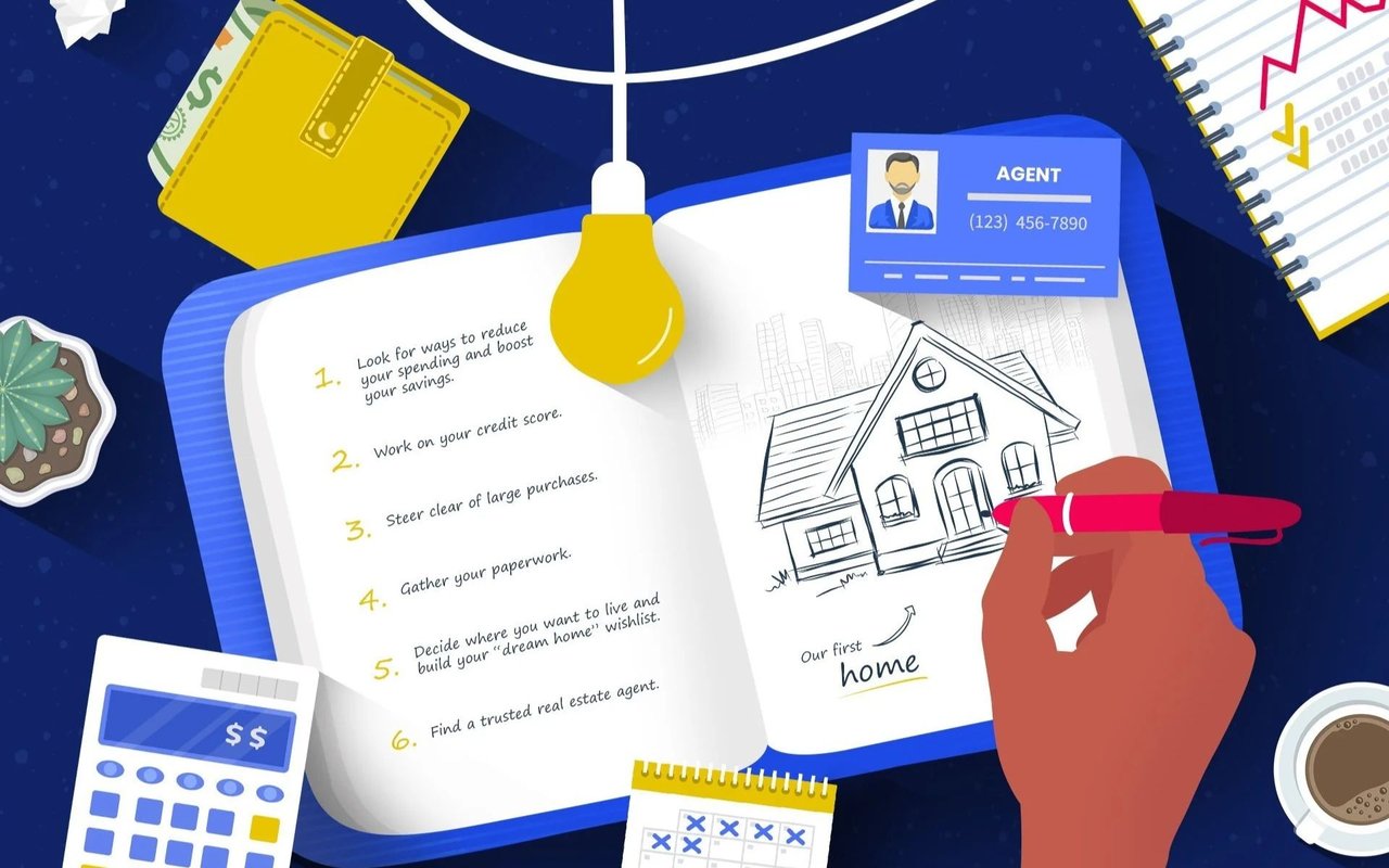 Six New Year's resolutions for buying a first home, illustrated with a house sketch and financial planning items.