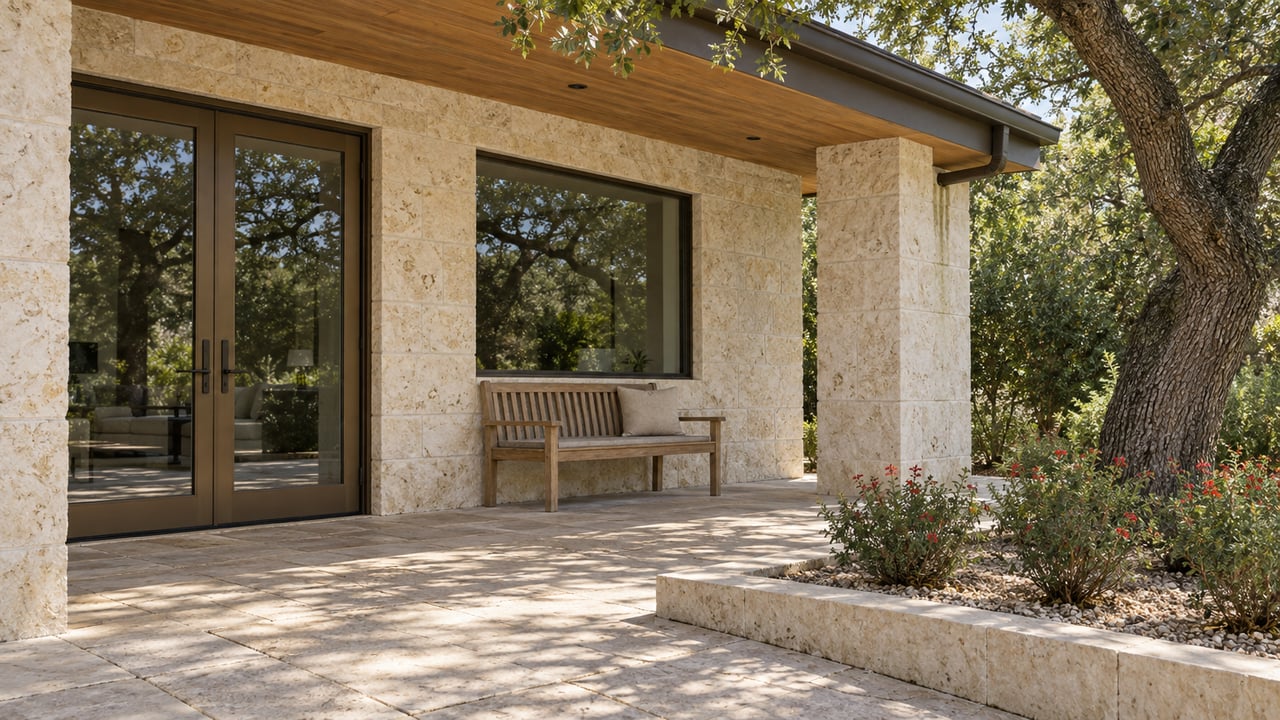 Covered limestone terrace with bronze-framed glass doors, a teak bench, and a mature live oak beside a raised stone garden bed.