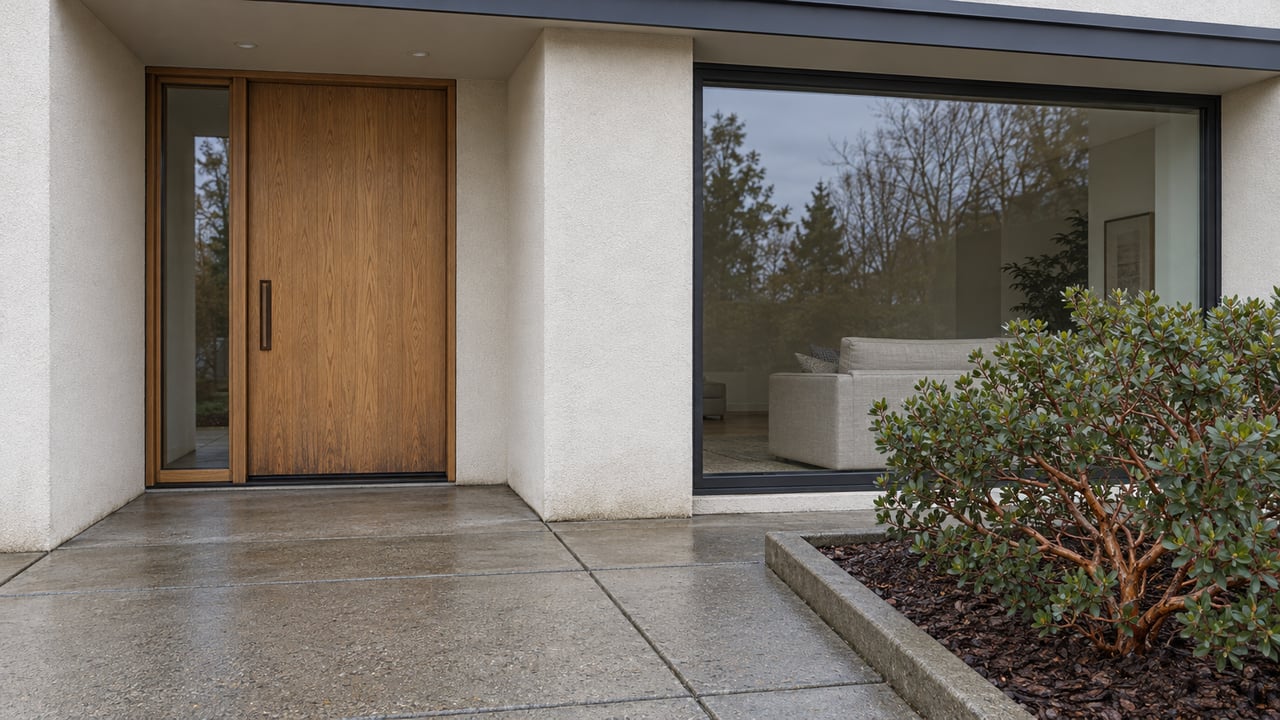 Contemporary light-stucco home entry with an oak door, dark-framed window, damp concrete landing and sculptural manzanita.