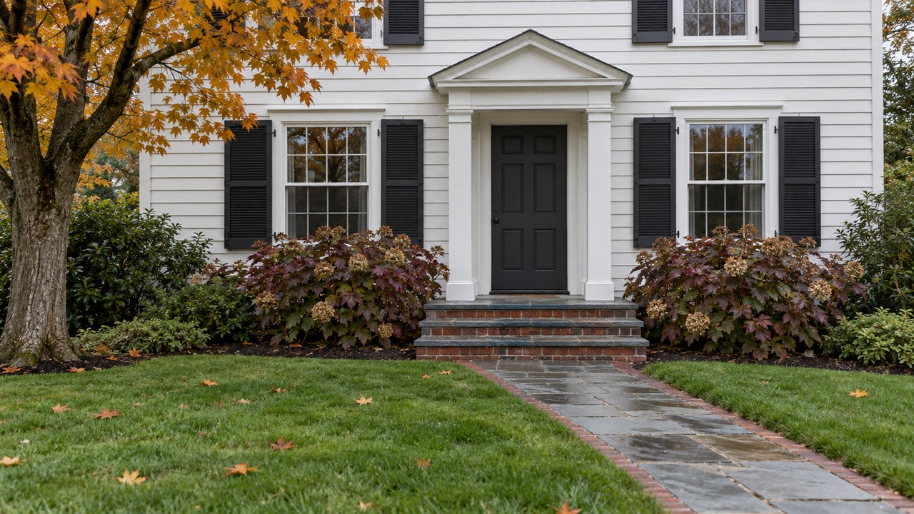 White clapboard home with black shutters, a damp bluestone entry walk, and autumn planting beside a green front lawn.