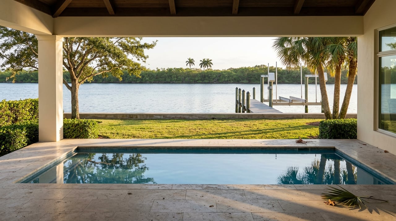 Poolside terrace beneath a loggia overlooks a seawall and dock with an empty boat lift.