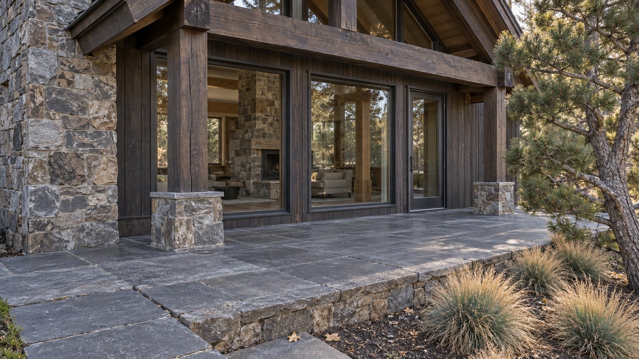 Covered stone terrace beneath heavy timber beams, with closed glazing, a stone chimney, and autumn bunchgrasses beside a sculptural pine.