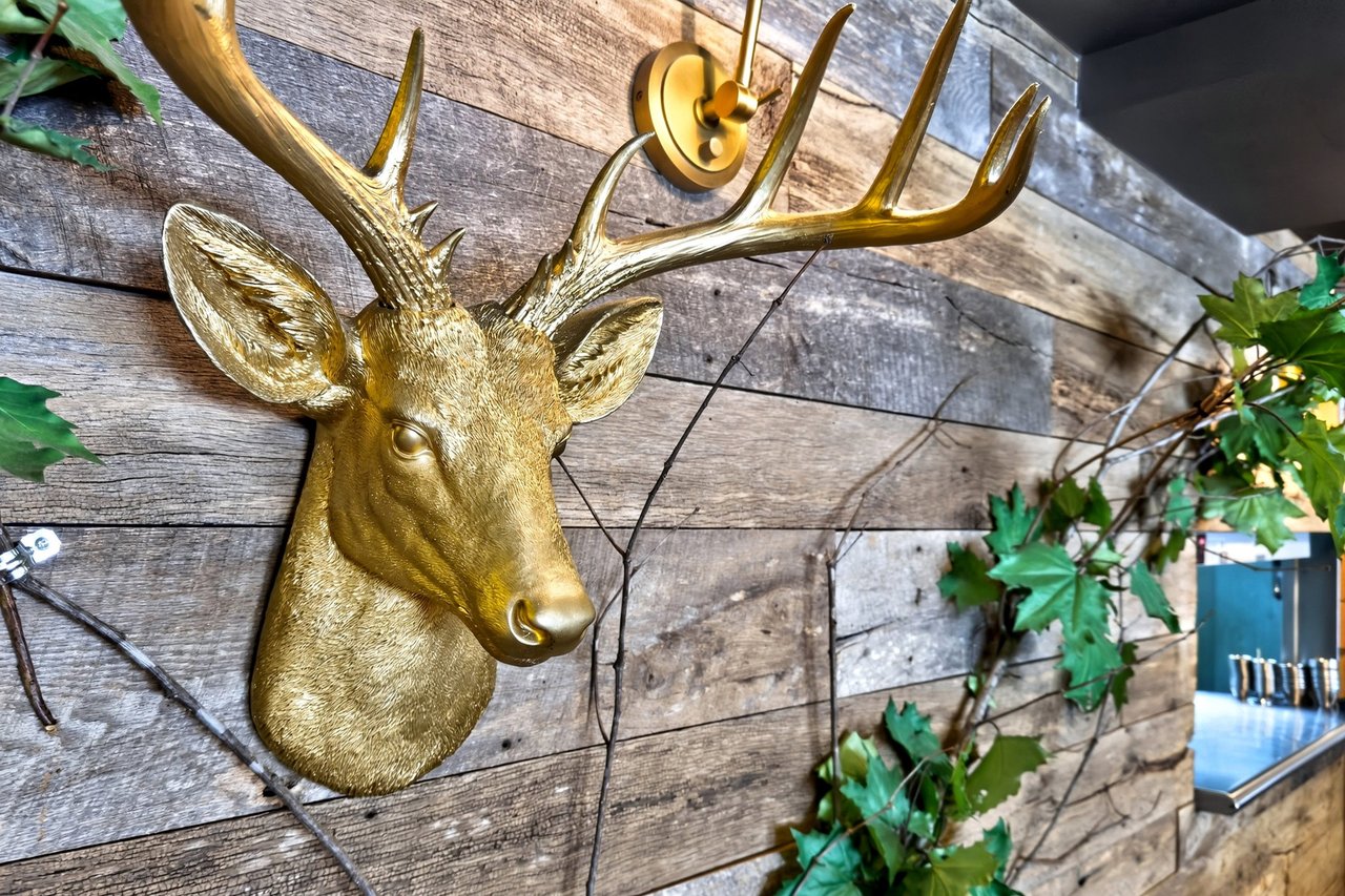 Gold deer-head wall mount on a reclaimed wood wall inside the restaurant.