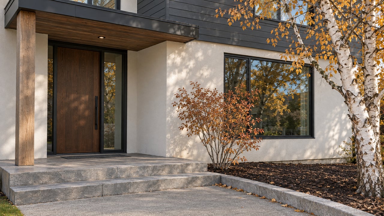 Autumn light on a recessed timber-and-stucco entrance, limestone steps, and a mature white-barked birch.