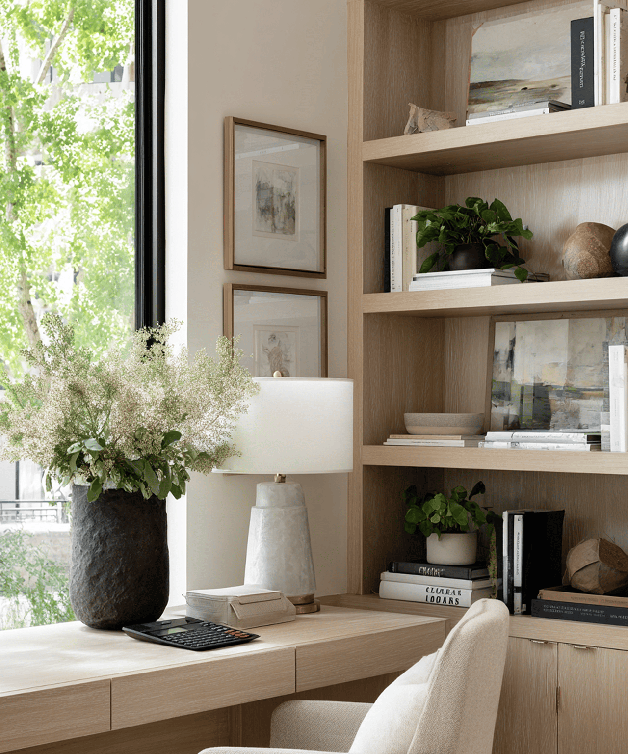 Bright home office with built-in wood shelving, a flower-filled vase, and a desk beside a large window.