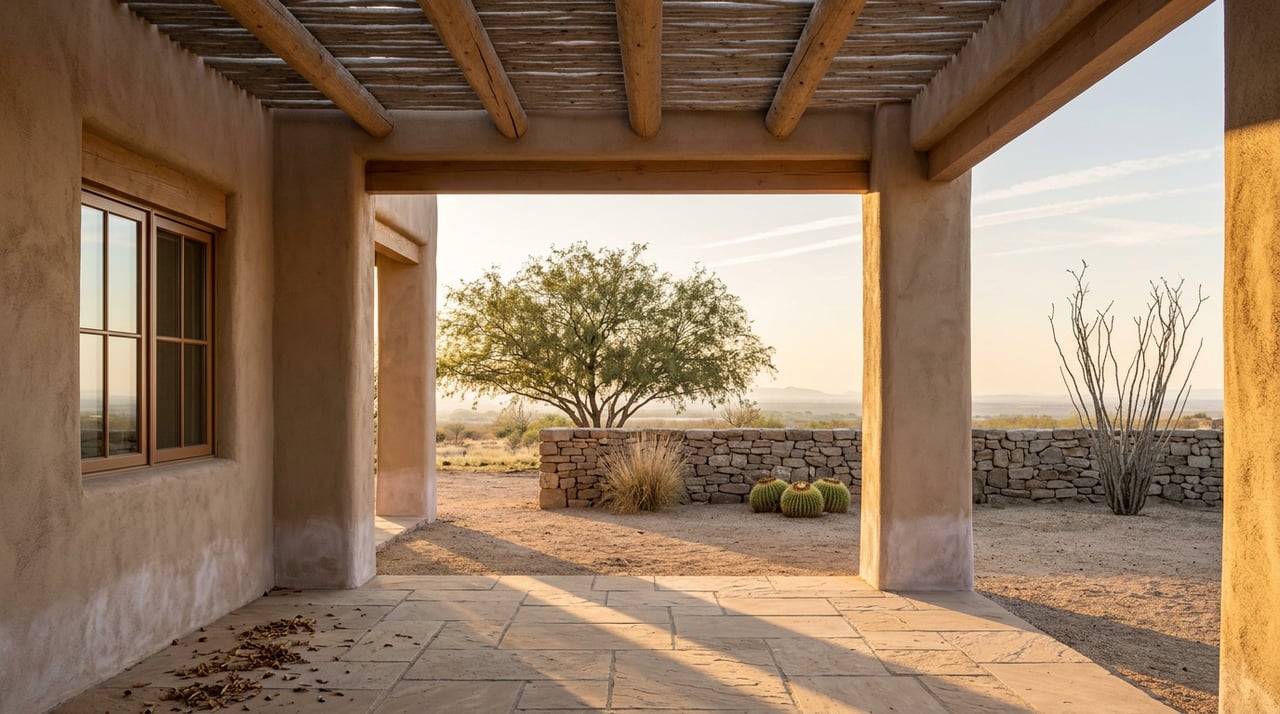 Stucco ramada frames flagstone, open acreage, a mesquite tree, low stone wall, and barrel cacti.