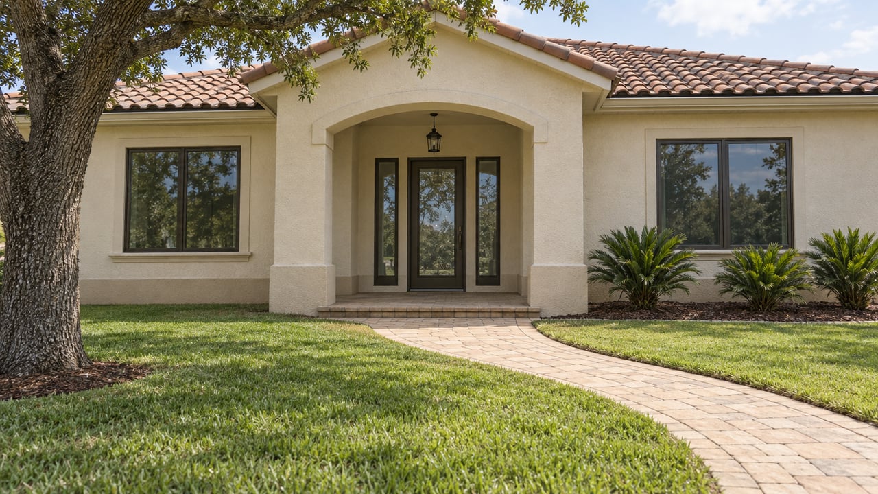 Ivory stucco home with a clay tile roof, arched porch and curved paver walk across a green front lawn.