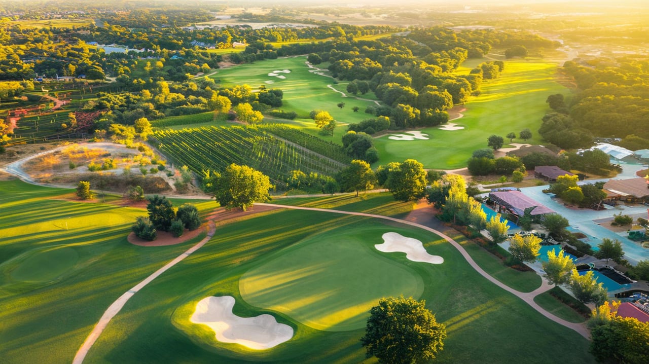 Aerial view of a golf course with winding paths, white sand bunkers, tree-lined fairways, and nearby buildings.