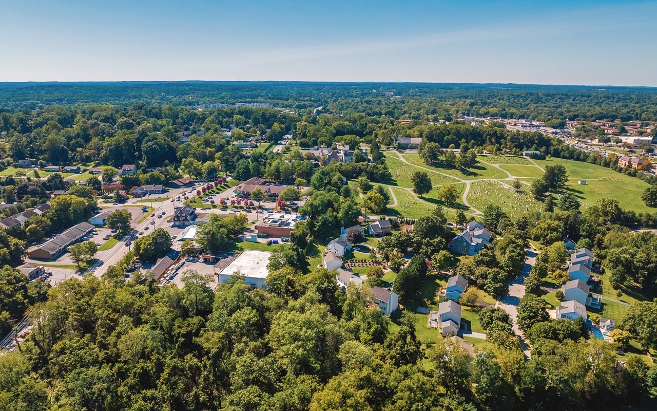 Aerial view of a leafy neighborhood and cemetery with curving paths.