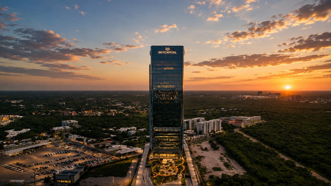 SkyCapital office tower rises above the city at sunset, with landscaped grounds at its base.