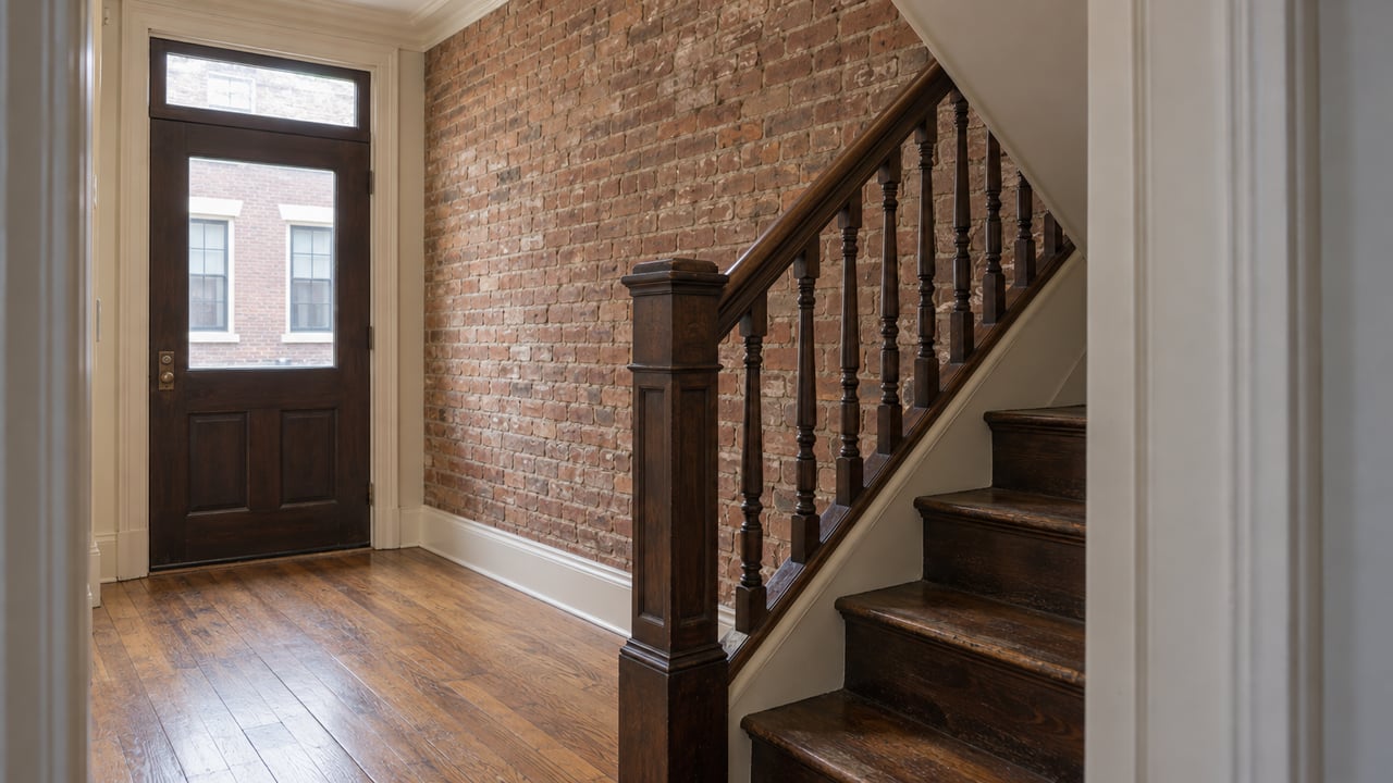 Daylit townhouse entrance hall with a dark timber staircase, worn oak flooring and an exposed brown-red brick wall.