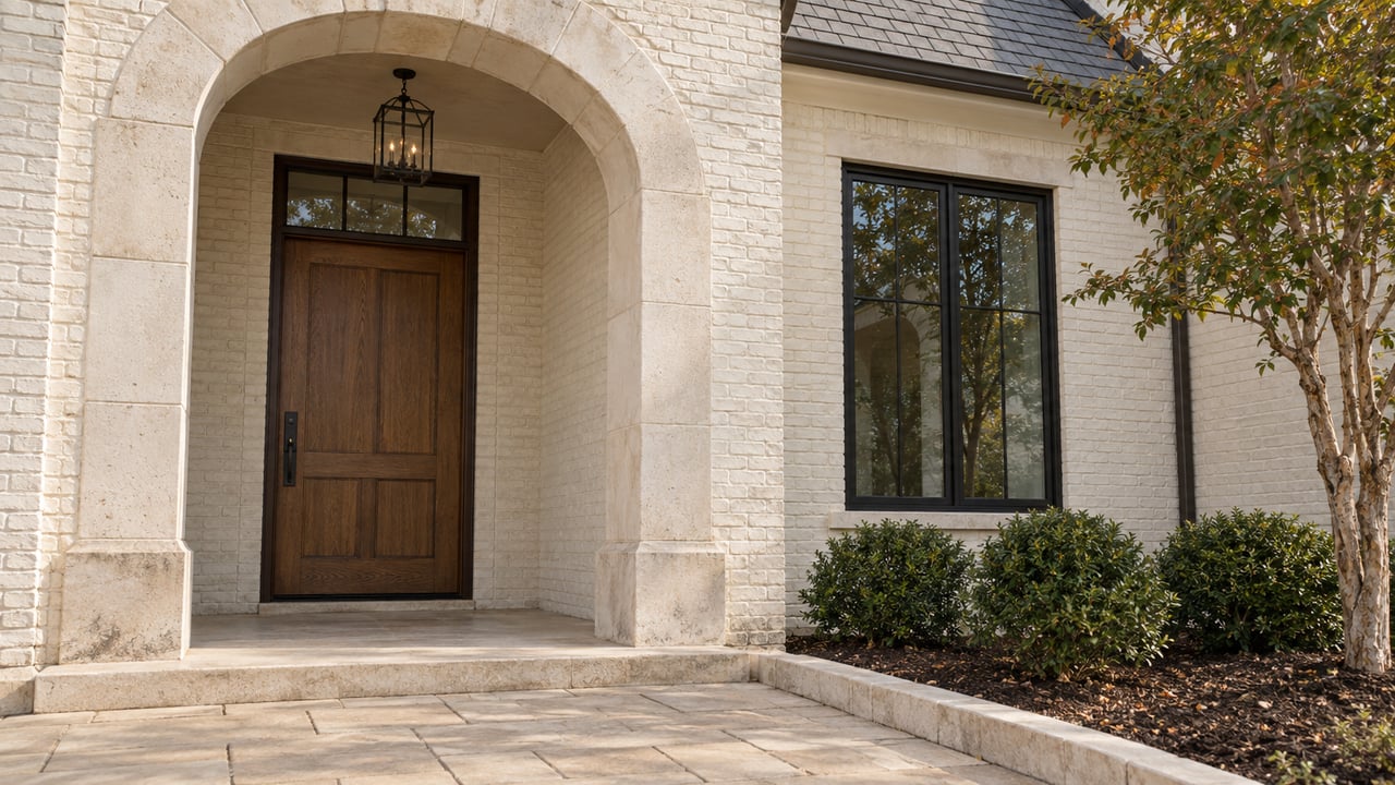Pale limestone arched porch with an oak door, black steel window, broad paver approach and carefully edged planting bed.