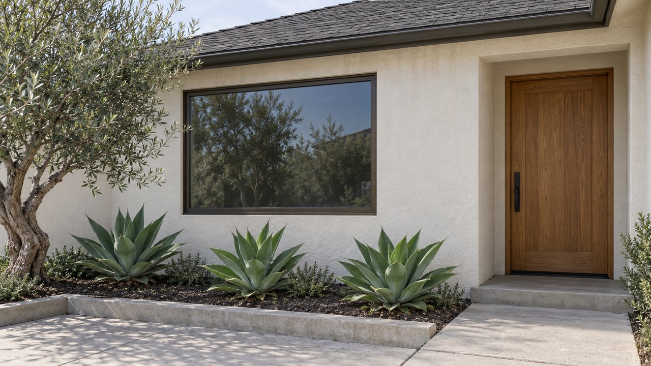 Compact off-white stucco house with an oak door, bronze-framed window, olive tree, and three agaves.