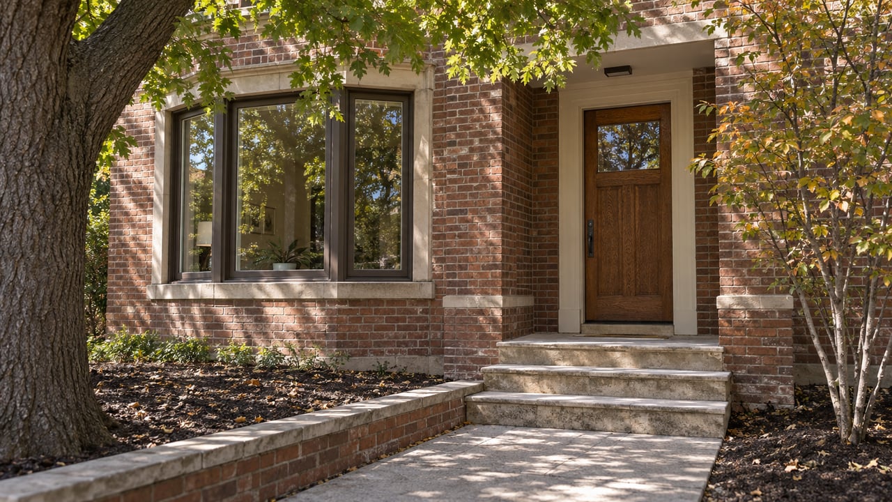 Russet brick house with a recessed oak door, limestone steps, and a mature oak canopy.