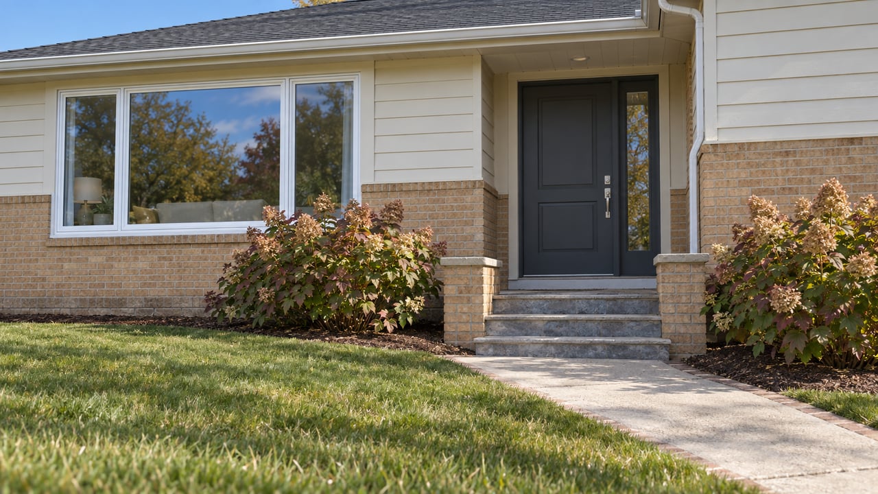Buff-brick and ivory-clapboard home with a charcoal entry door, bluestone steps and a deep green front lawn.