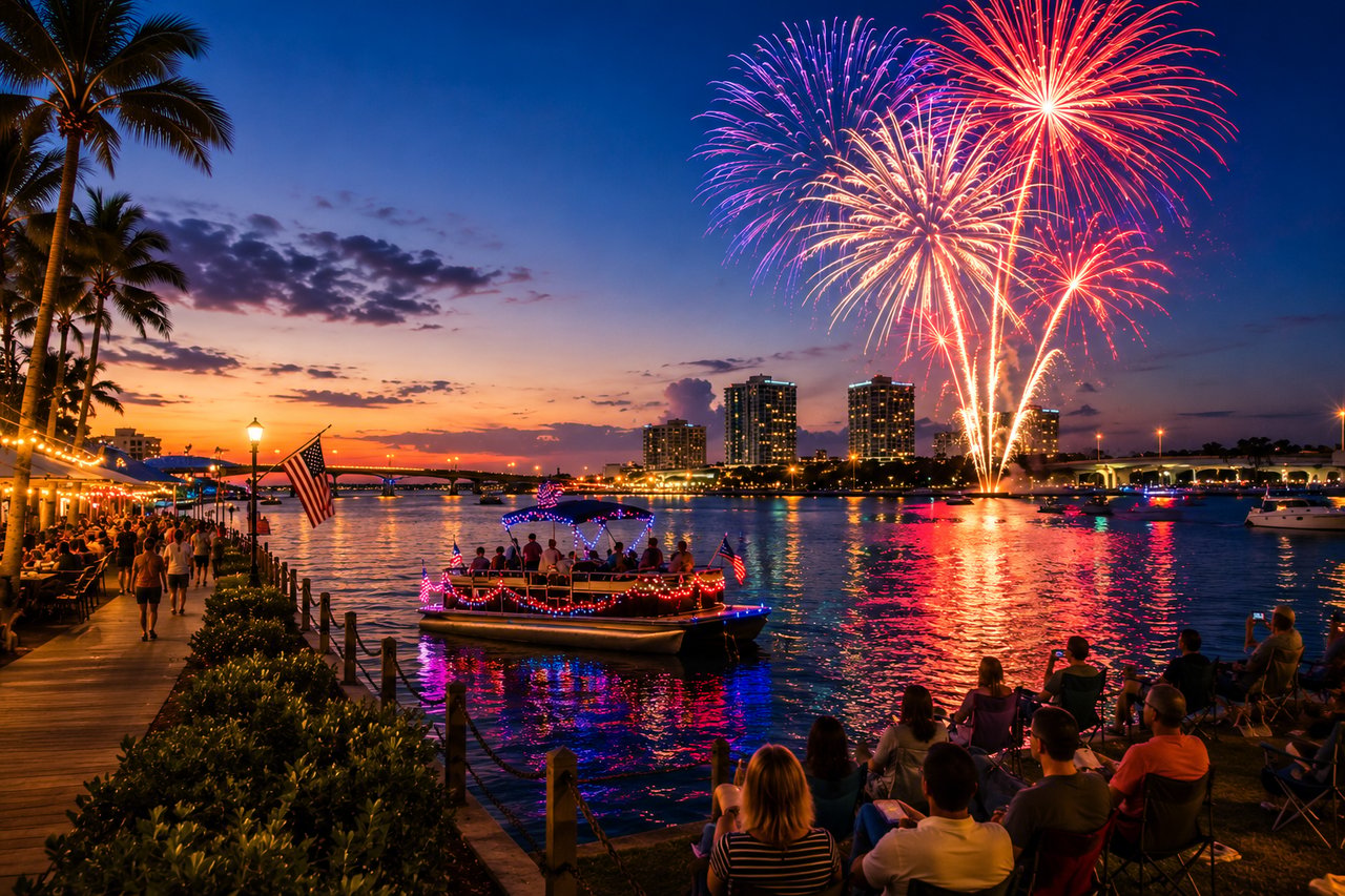 Sunset waterfront celebration in Southwest Florida featuring fireworks over the Caloosahatchee River, decorated boats, palm trees, and spectators enjoying Independence Day festivities in Fort Myers, Cape Coral, and Naples.