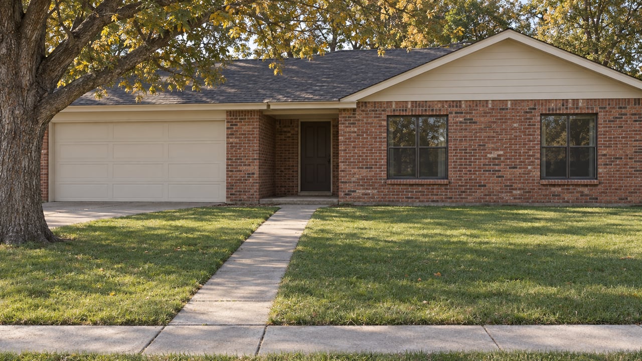 One-story red-brown brick house with a cream gable, two-car garage, broad lawn, and mature oak.