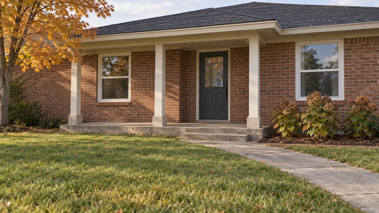 Autumn light on a modest brick home with a covered porch, concrete walk and golden maple foliage.