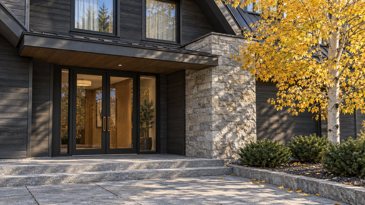 Gold autumn foliage beside a stone-and-timber condominium entrance, with closed glass doors and broad granite steps in afternoon light.