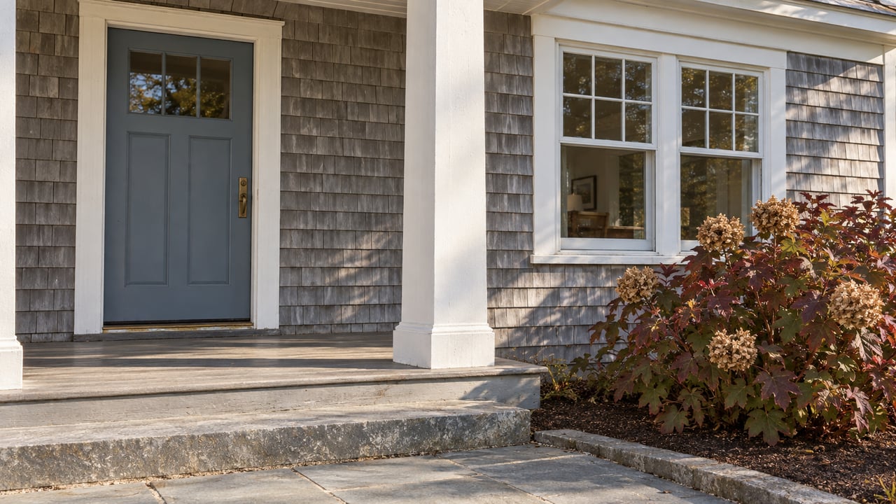 Morning light on a cedar-shingled home's covered entry, white trim, bluestone steps and oakleaf hydrangea.