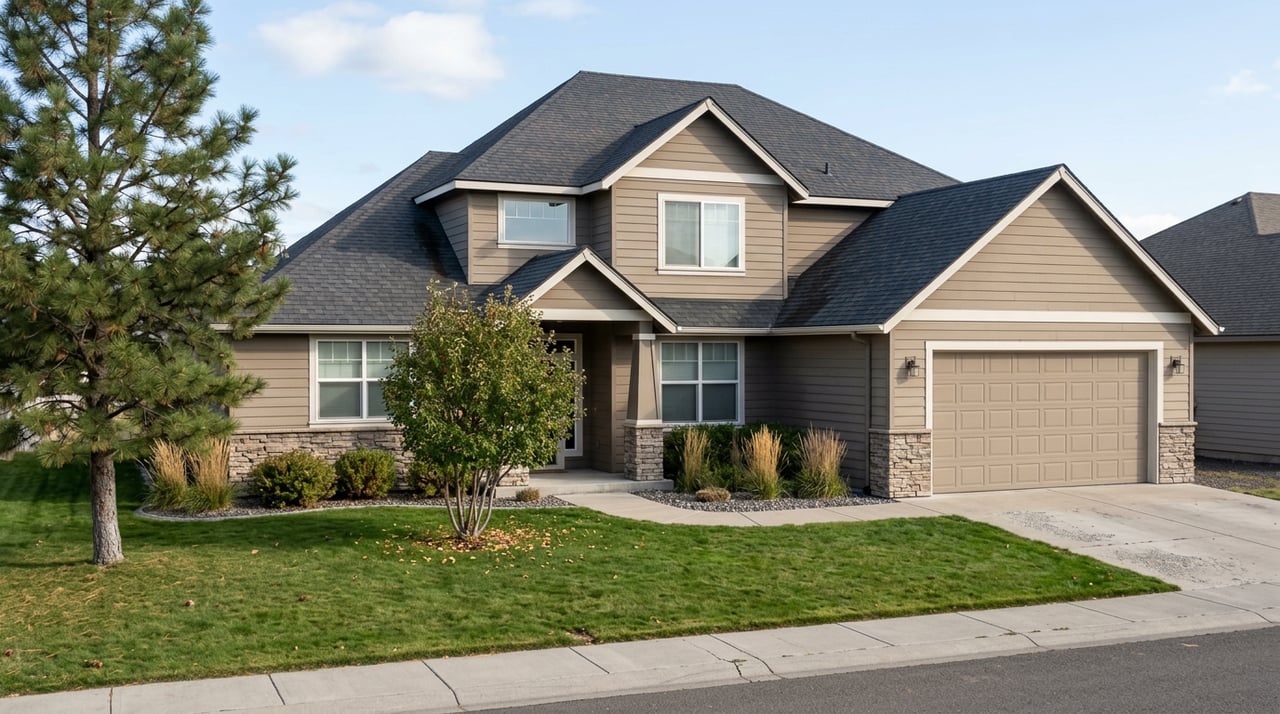 Two-story taupe-sided home with a stone base, multi-gabled roof, attached garage, and pine tree beside a broad lawn.