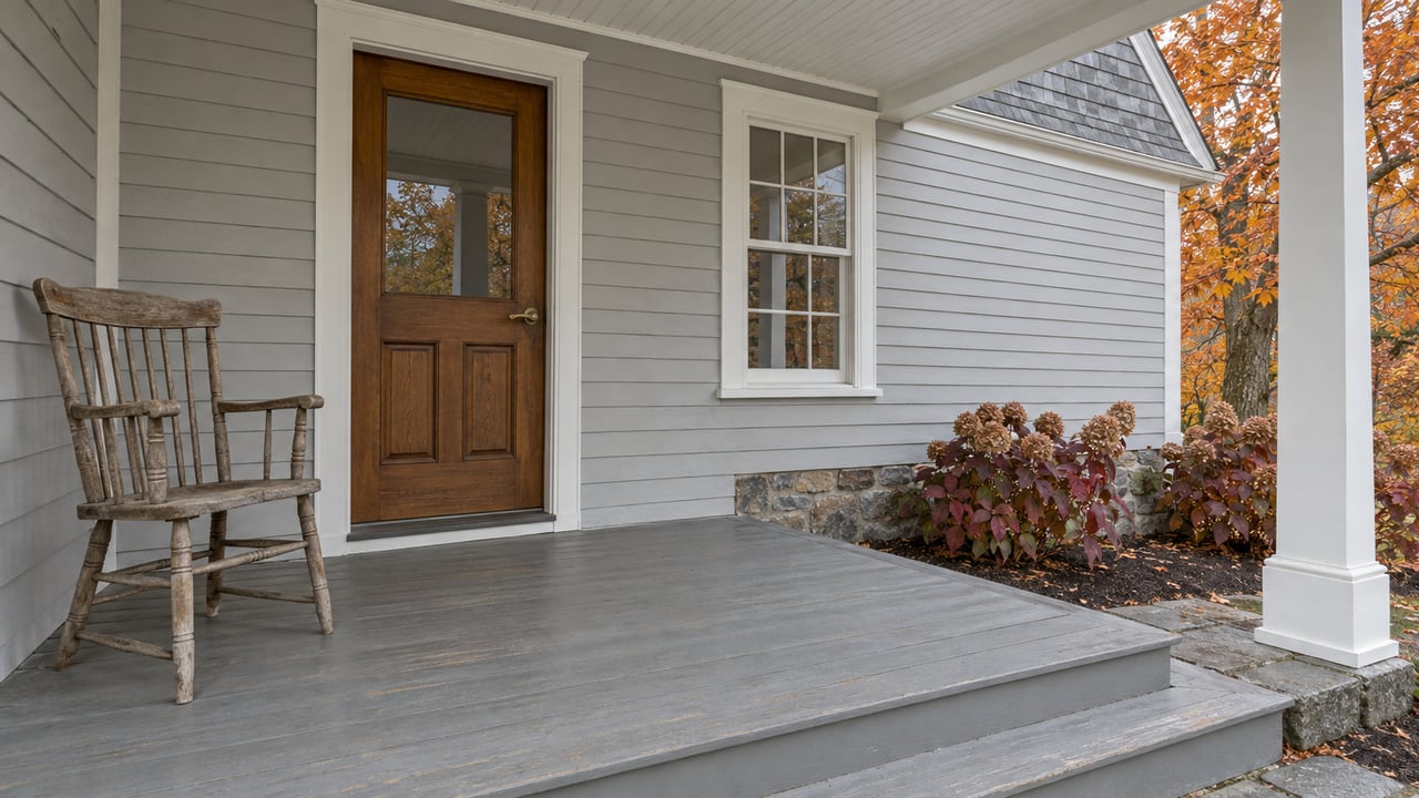 Gray clapboard home with a deep white-columned porch, wood entry door, worn painted floorboards and autumn planting beside granite steps.