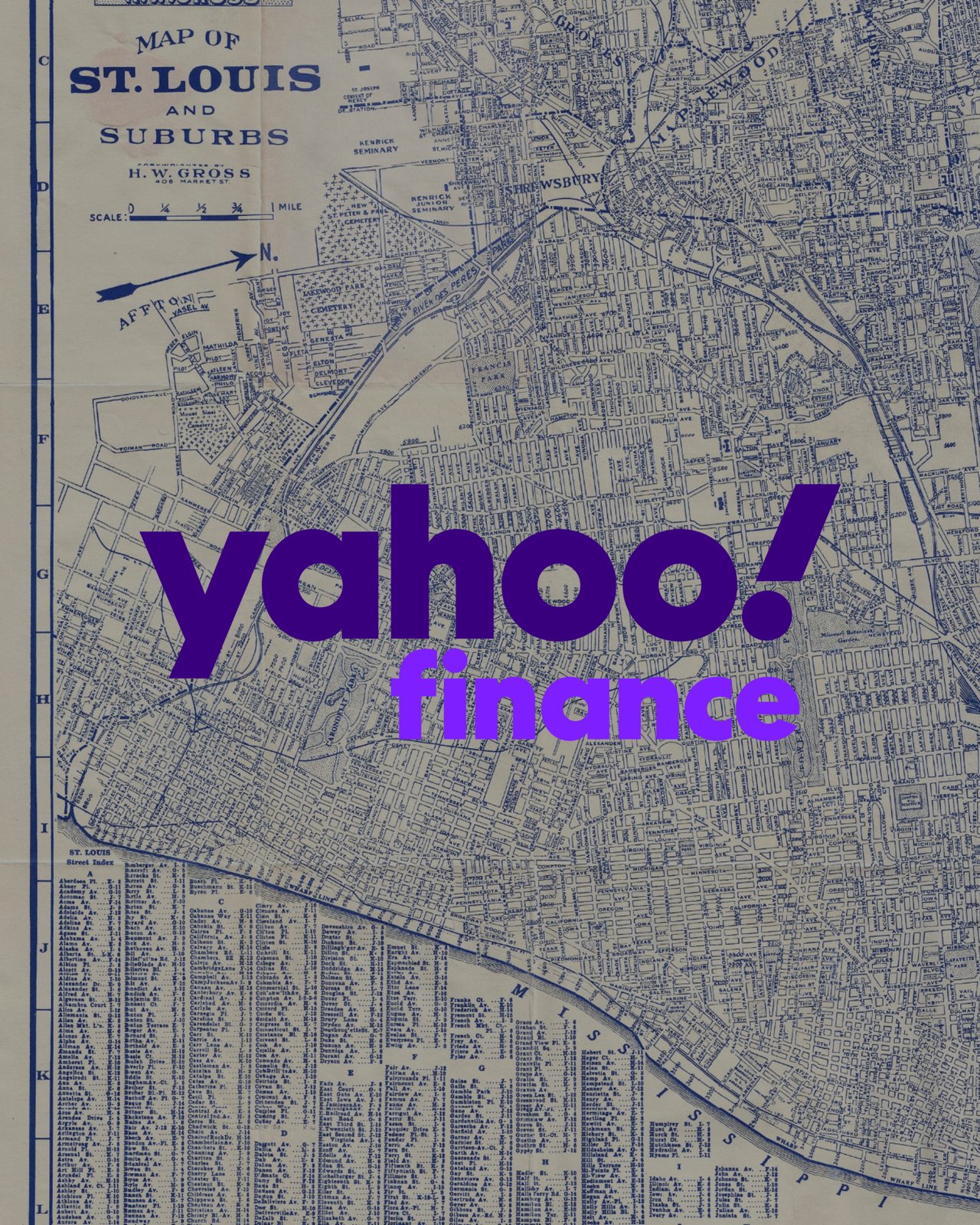 Antique map of St. Louis and suburbs with a street index and “yahoo! finance” text.