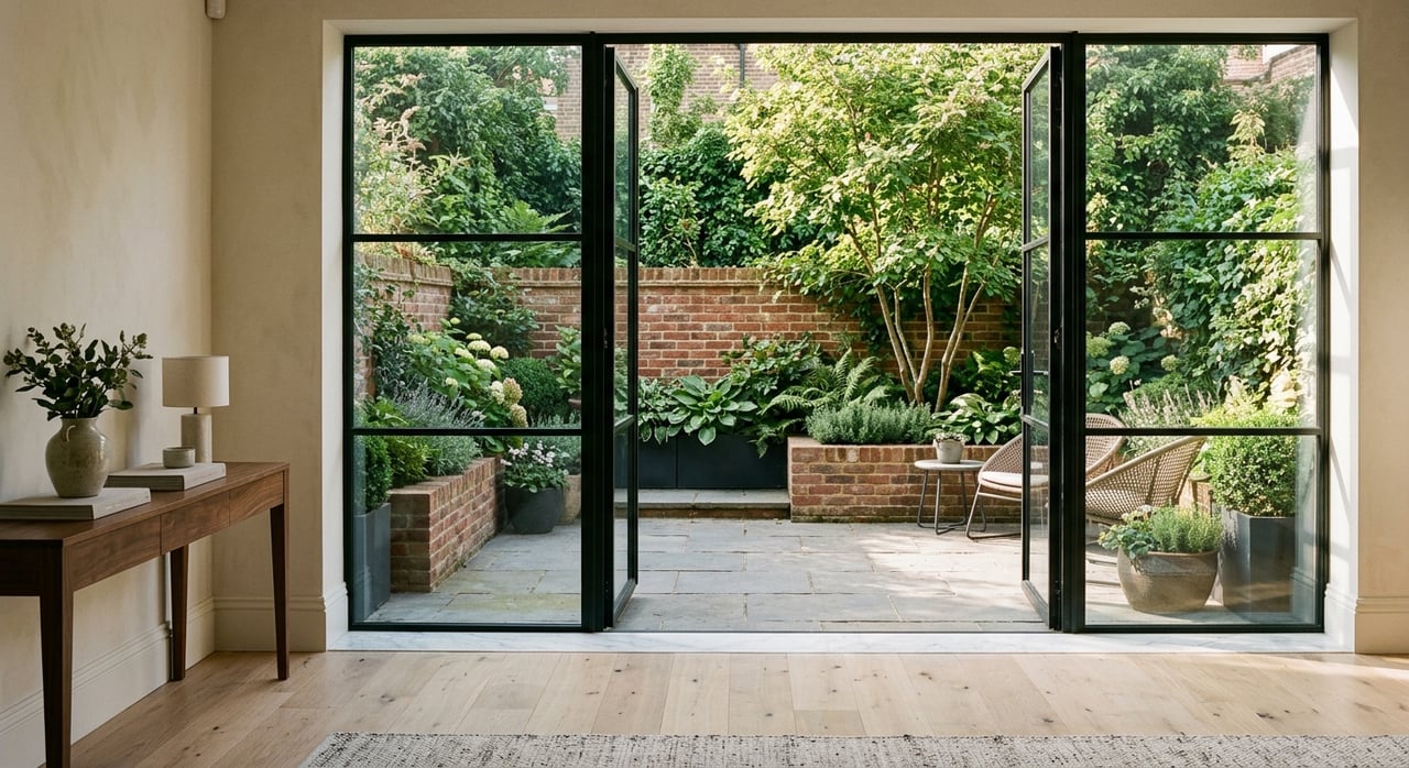 Open black steel-framed glass doors lead from a pale oak floor to a bluestone patio and brick garden wall.