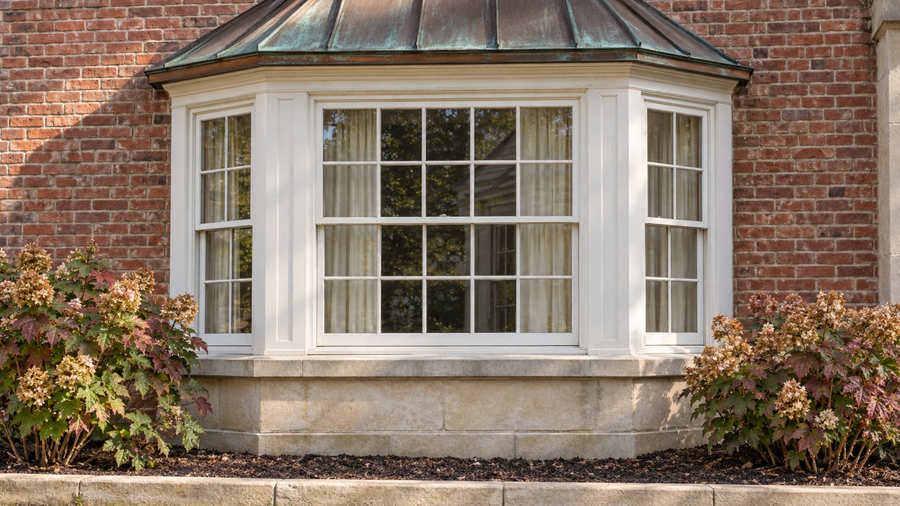 White-painted bay windows beneath a weathered copper roof, set into red brick above limestone and burgundy oakleaf hydrangeas.