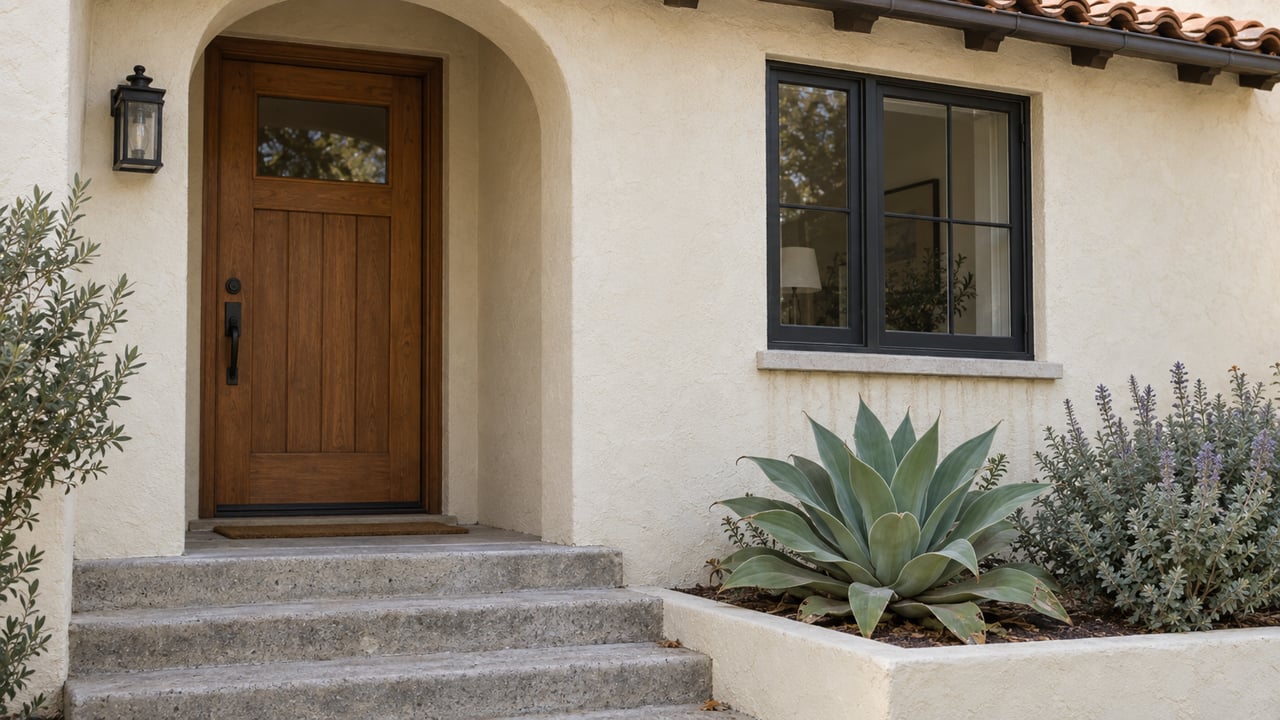 Ivory stucco entry with a recessed oak door, steel casement window, concrete steps, and agave planting.